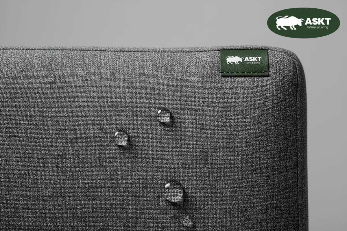 Beading water droplets showcasing high-performance easy-clean upholstery fabrics B2B.