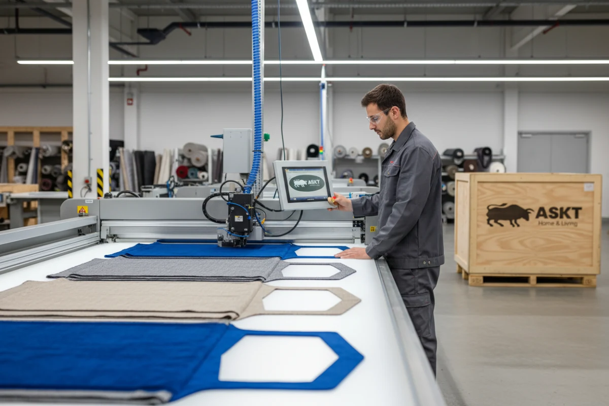 An automated fabric-cutting workstation inside a professional Chinese dining chair manufacturing facility.