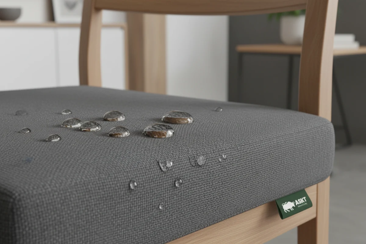 Hydrophobic nano-coated fabric showing water beading on stain-resistant surface.