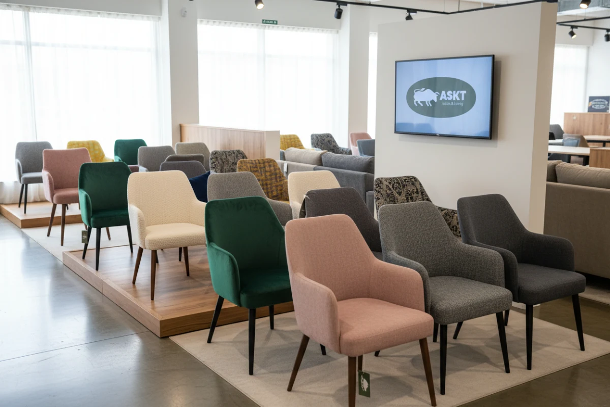 ASKT showroom displaying premium upholstered dining chairs wholesale for European buyers.