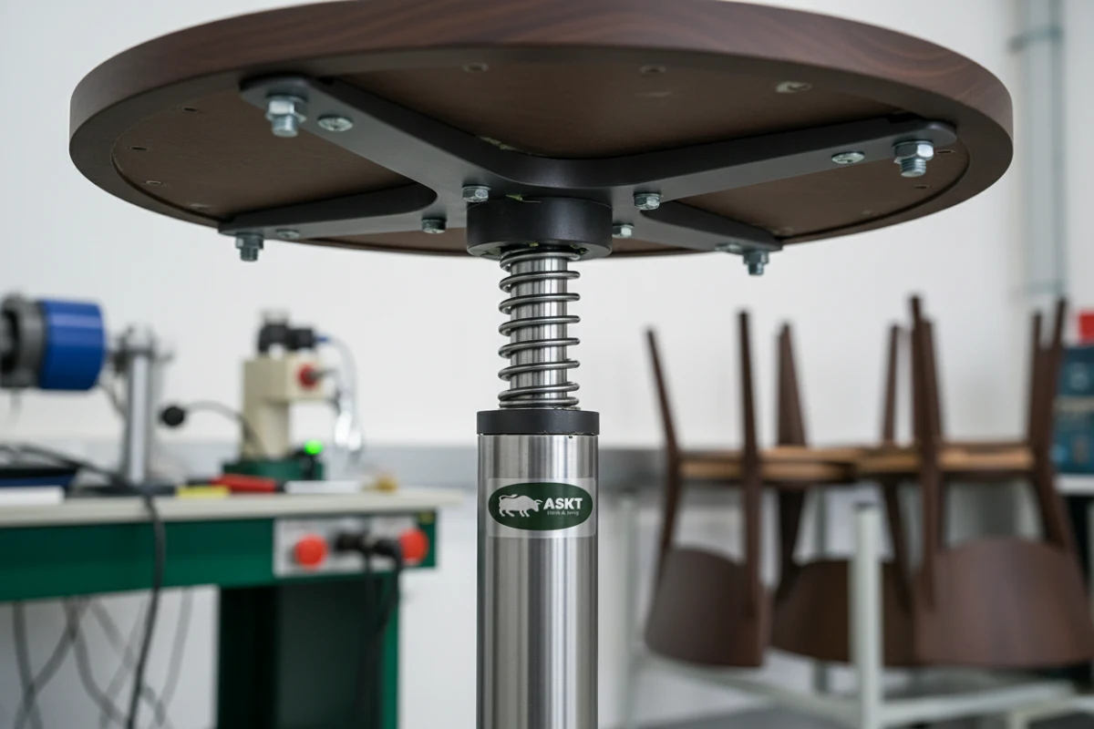 Close-up of the metal plate and mechanical spring of an auto-return swivel dining chair.