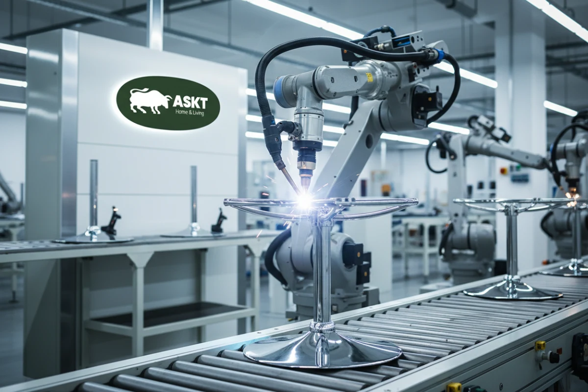 Industrial robotic welding arm assembling a steel base to ensure dining chair metal frame durability.