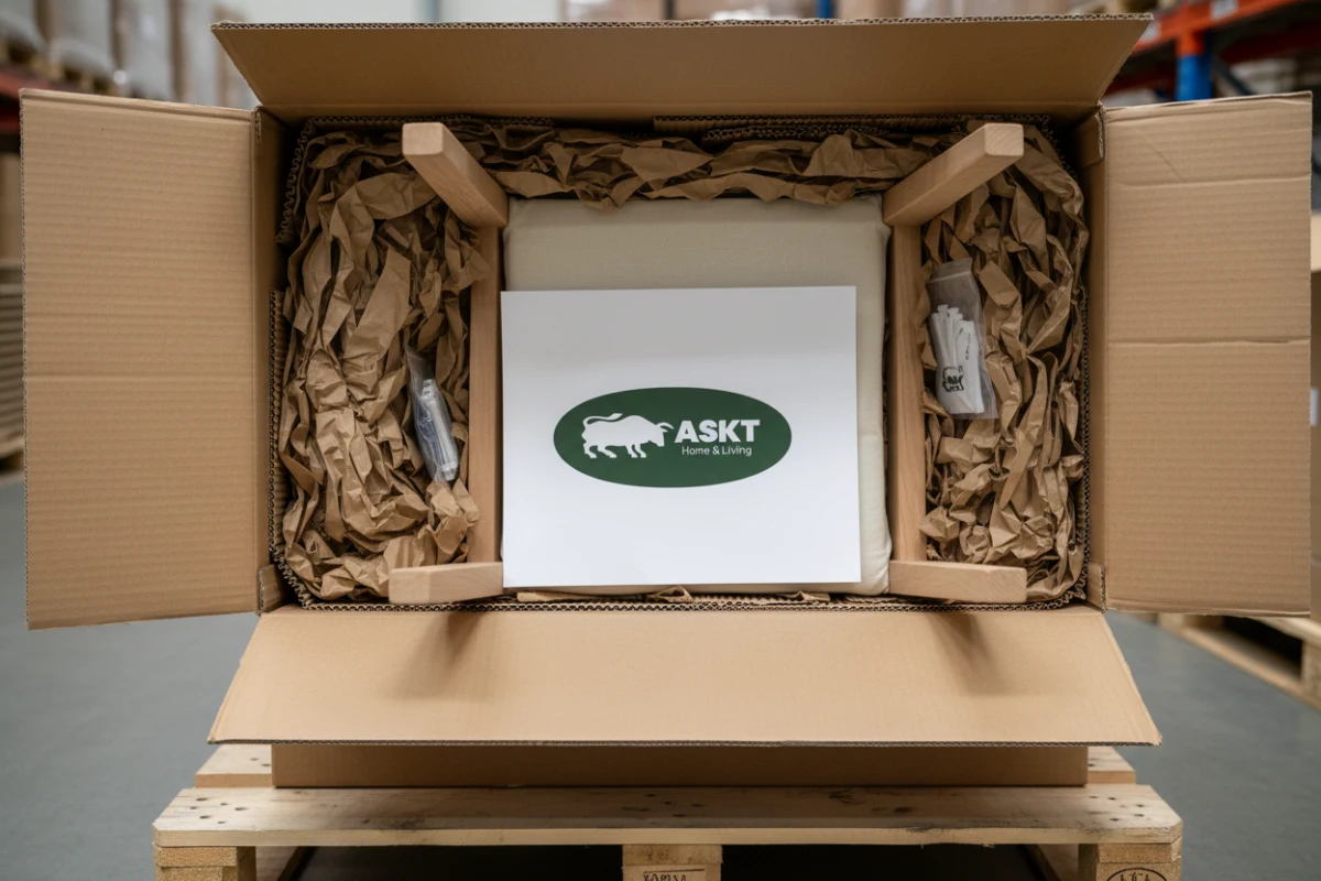 Eco-friendly paper packaging protecting a flat-pack dining chair for transport