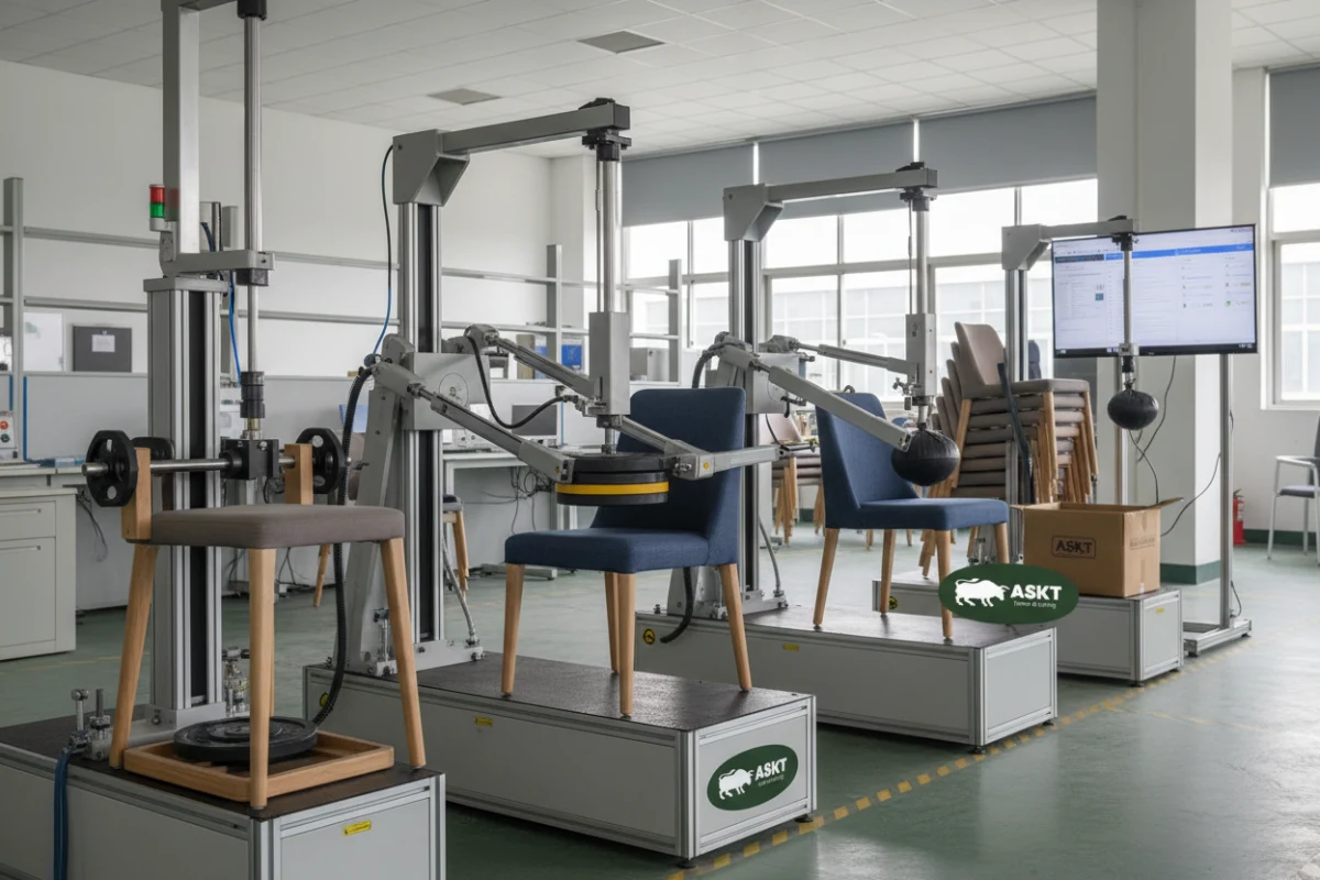 Quality testing machine performing safety durability tests on a chair frame with a professional dining chair supplier China.