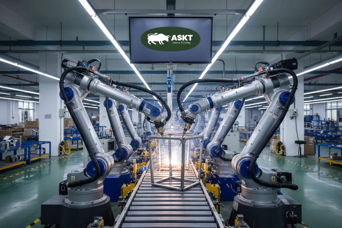 Automated robotic welding arms and advanced assembly machinery inside a compliant dining furniture factory China.