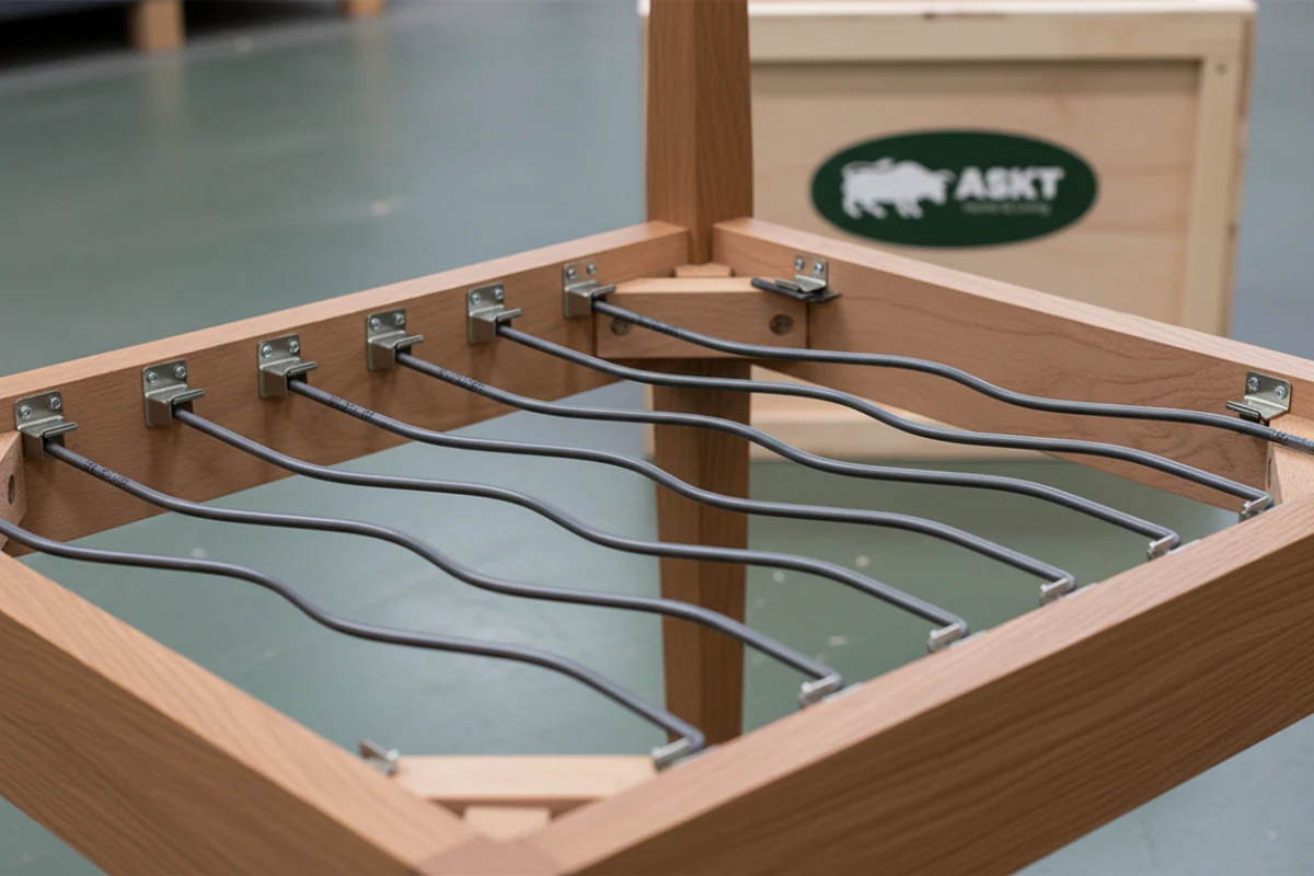 Heavy-duty sinuous springs and lined clips on a chair frame