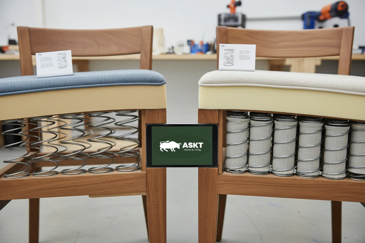Technical diagram comparing no-sag springs and pocket spring seating comfort systems for upholstered dining chairs.
