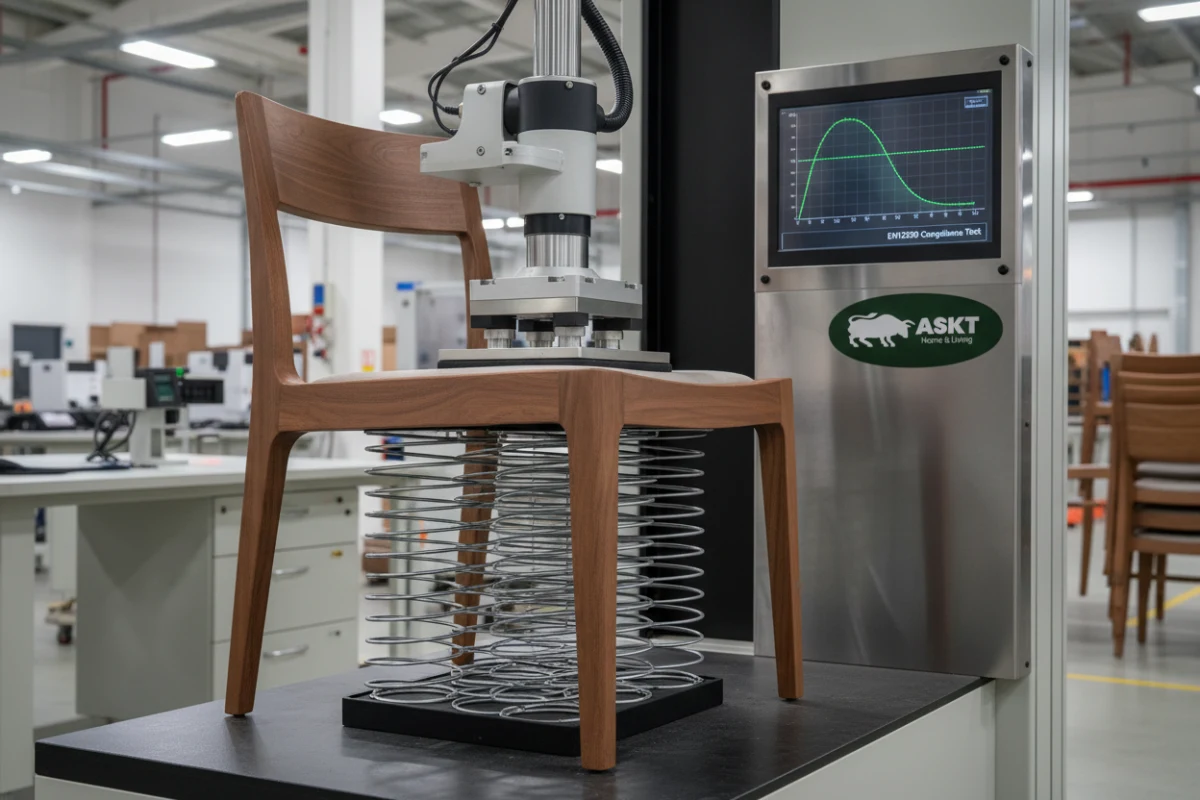 Mechanical load bearing testing equipment checking the durability of an upholstered dining chair seat.