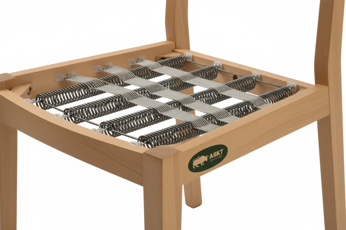 Technical engineering schematic of sinuous spring suspension on a metal chair frame.