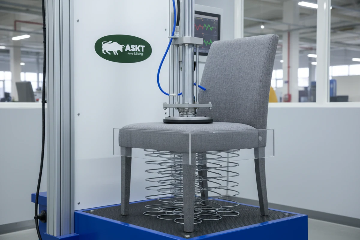 Quality control inspection and durability testing of upholstered dining chairs.