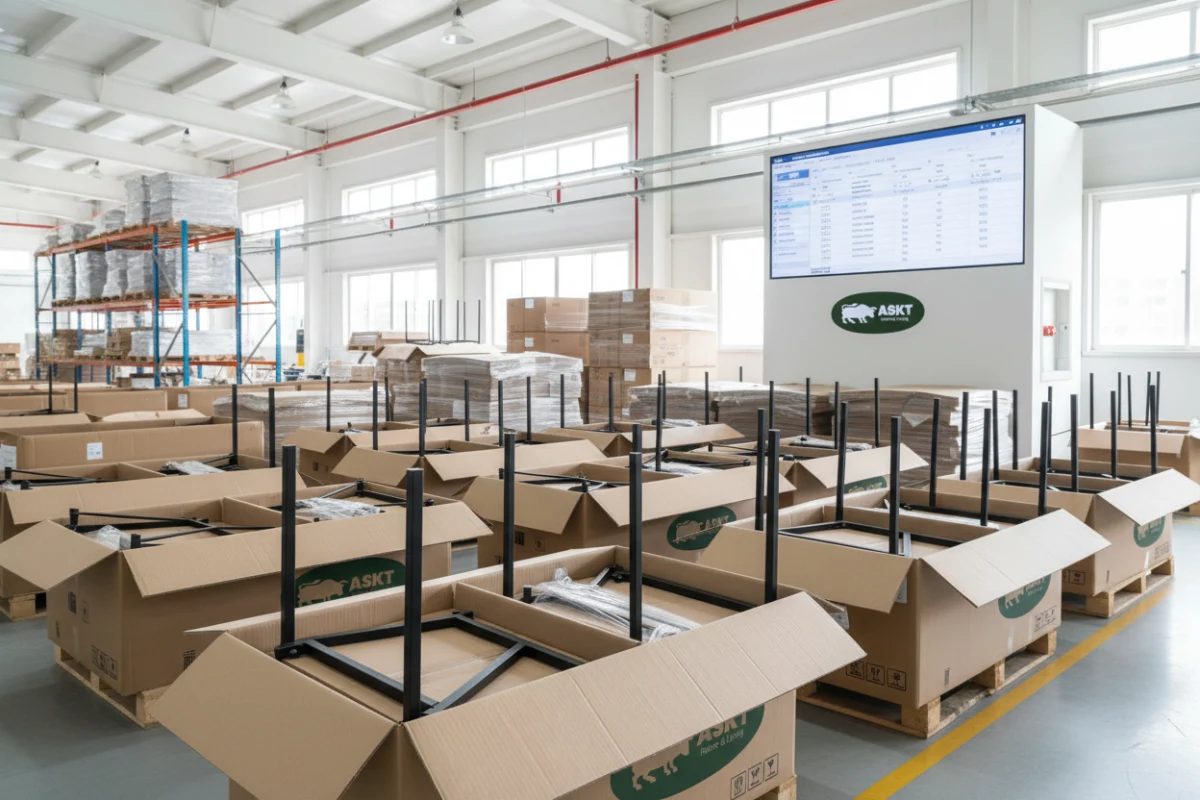 Nested KD dining chair packaging optimized for container loading efficiency.