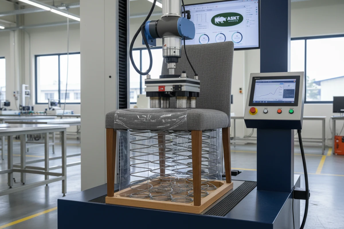 Upholstered dining chair undergoing EN 12520 durability testing in a laboratory