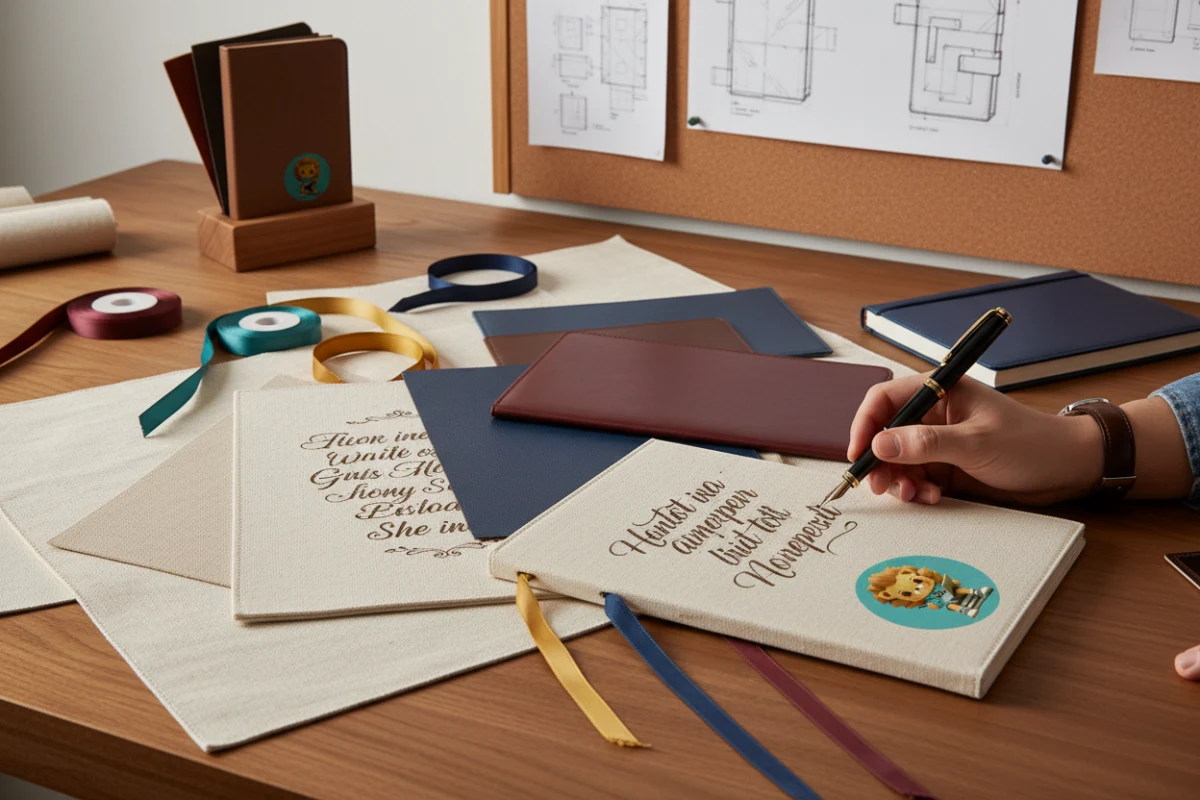 Close-up of design sketches and premium material swatches for Christian stationery products and Bible cover manufacturing.