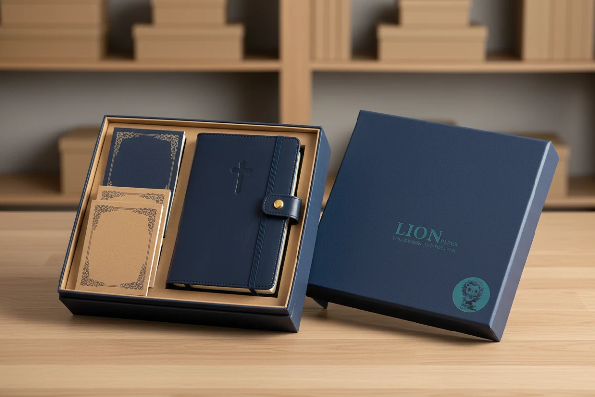 Luxury magnetic-closure gift box containing a matching Bible cover, planner, and journaling cards.
