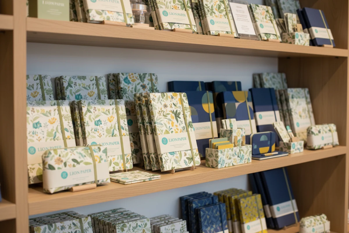 A cohesive retail stationery collection neatly arranged on wooden store shelves showcasing high visual merchandising impact.