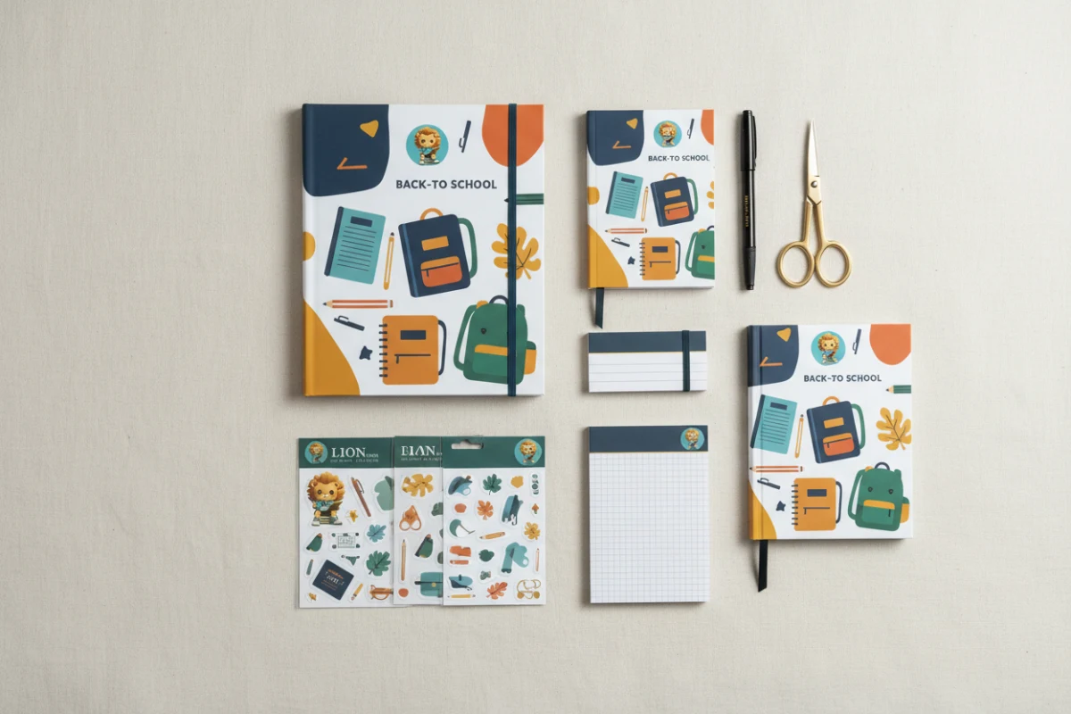 An array of premium seasonal stationery products and themed stationery sets laid out flat on a modern textured background.