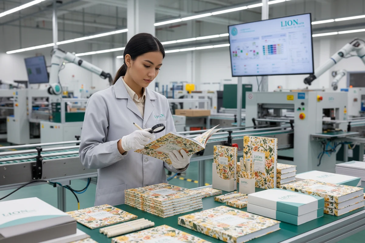 Quality control inspection of custom notebooks at a high-volume paper manufacturing facility.