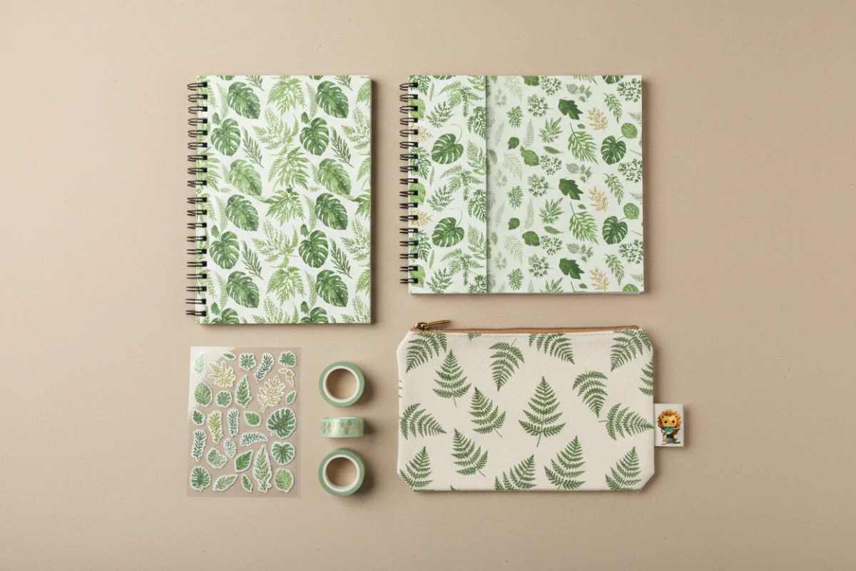 Flat lay of a botanical-themed stationery product range with matching notebooks and accessories.