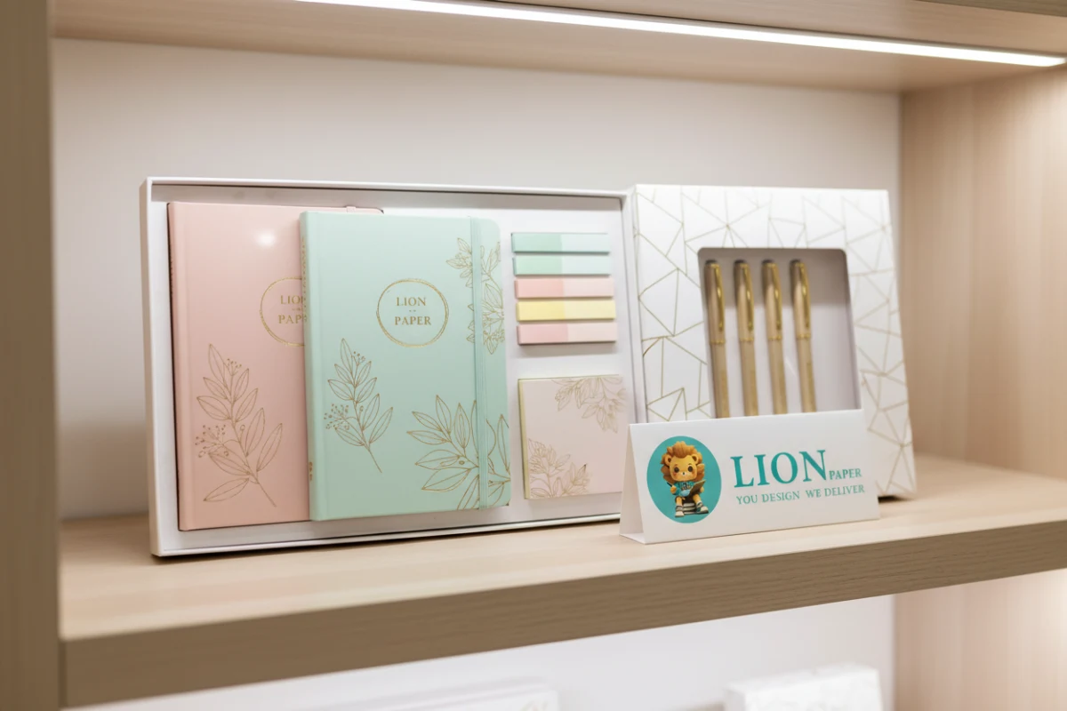 A complete stationery set with elegant foil accents and retail-ready packaging displayed on a store shelf.