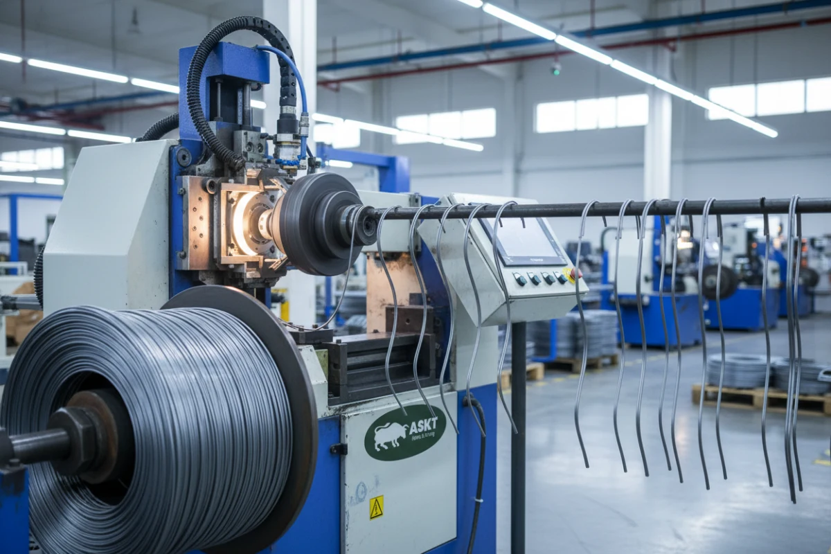 A CNC wire bending machine forming sinuous springs from a coil of high-carbon steel wire in a factory.