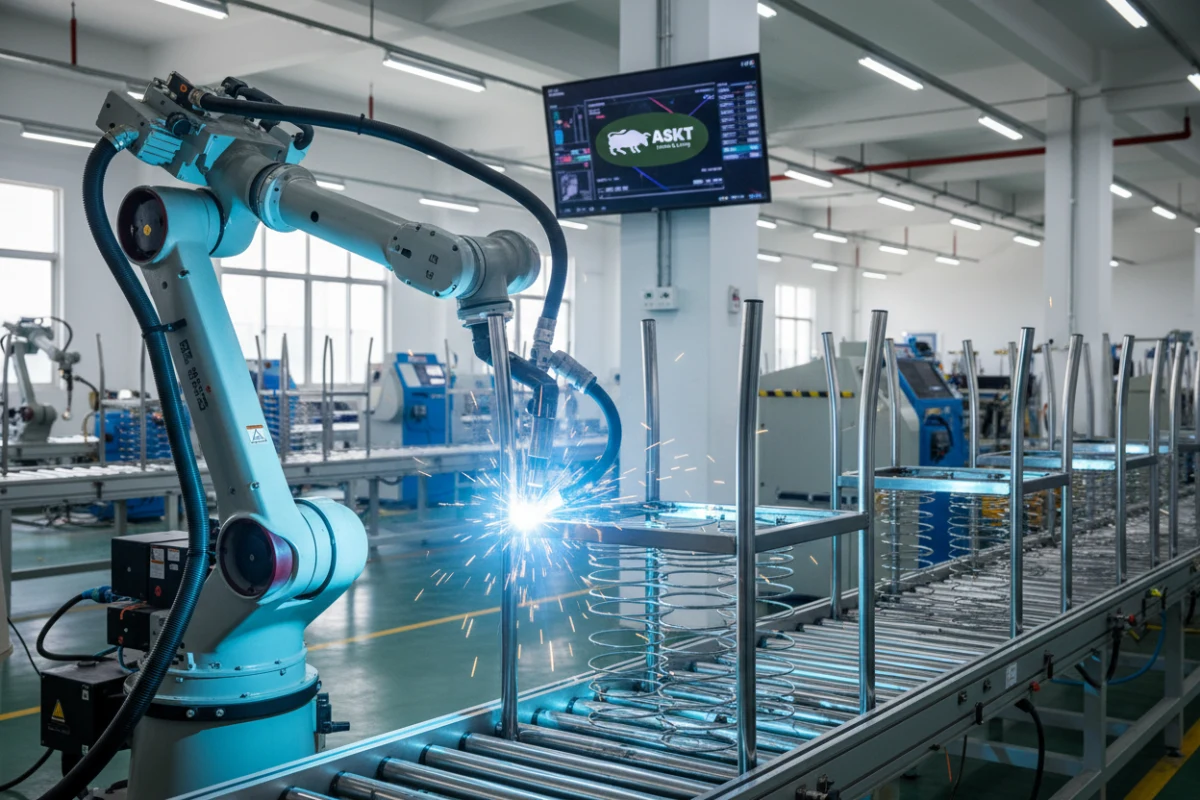 A robotic welding arm fusing joints on a metal dining chair frame in a highly automated factory setting.