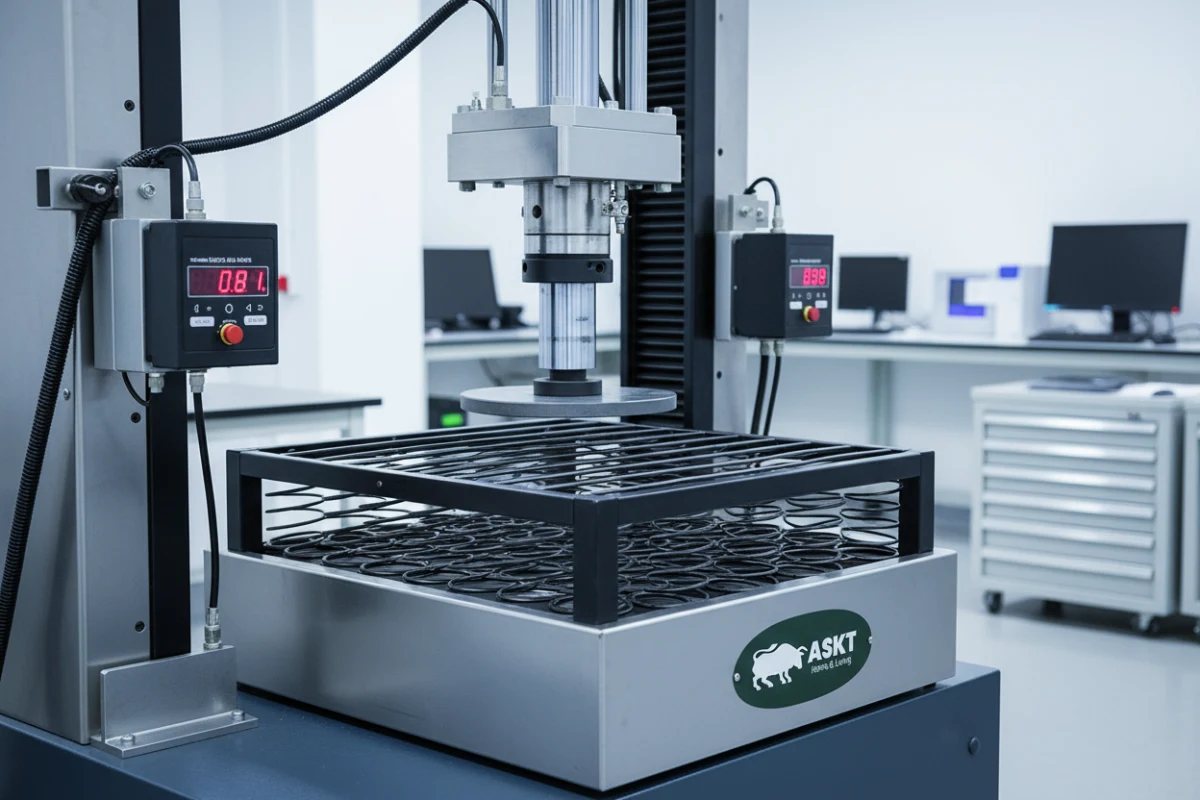 A quality control testing rig applying cyclic loading to a sinuous spring seat frame in an industrial testing lab.