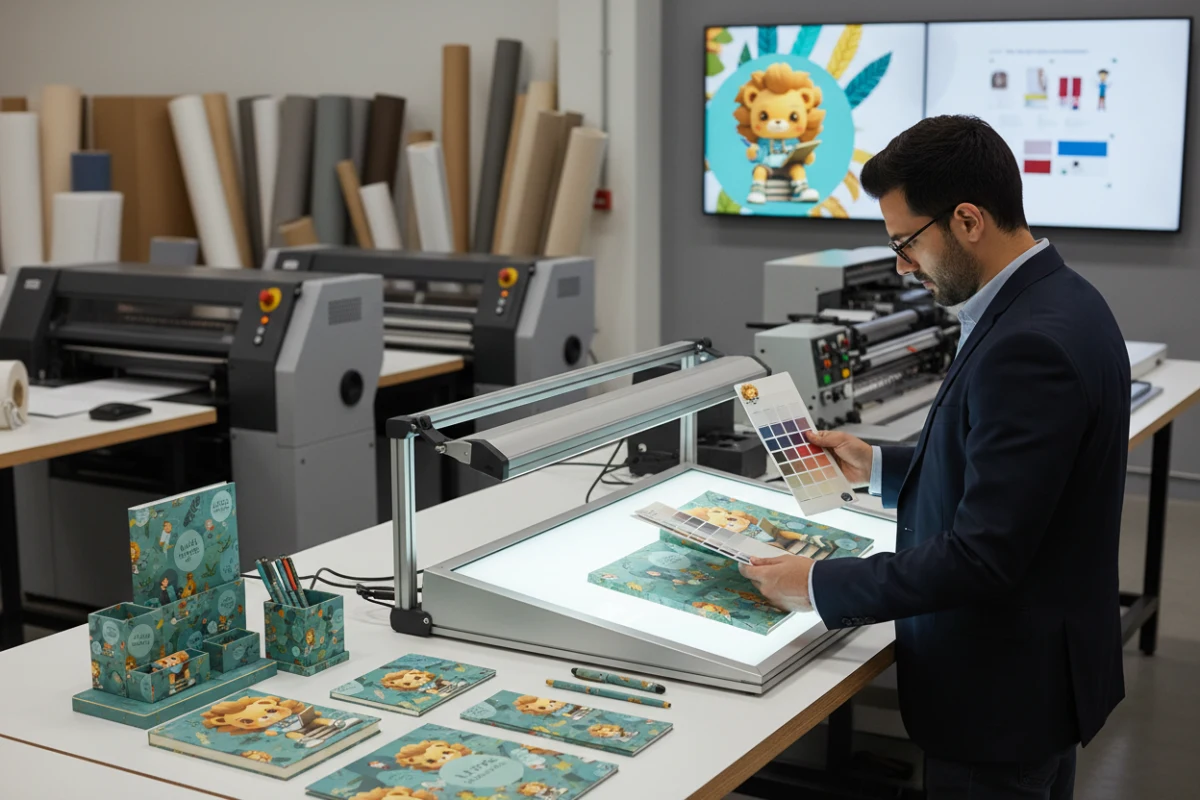 Product designer matching colors on a notebook prototype during the stationery collection development phase.