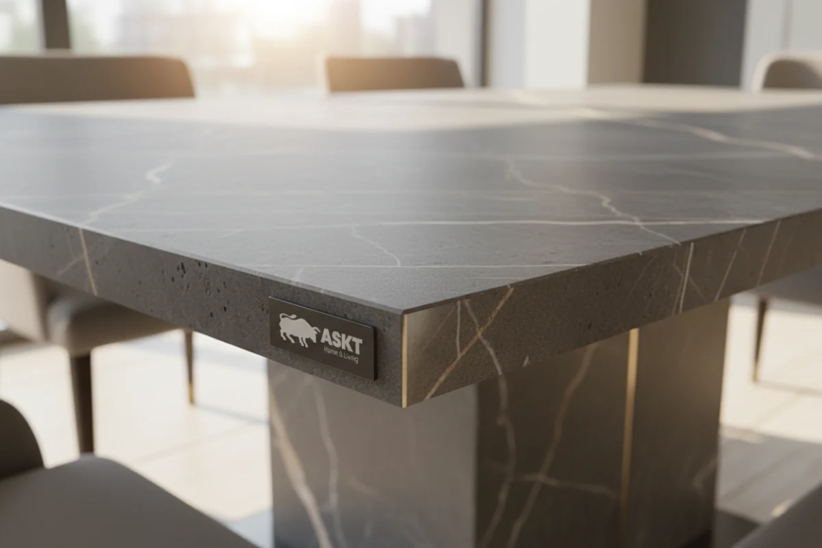 Close-up of bevelled sintered stone table edge profile showing quality control and chip resistance.