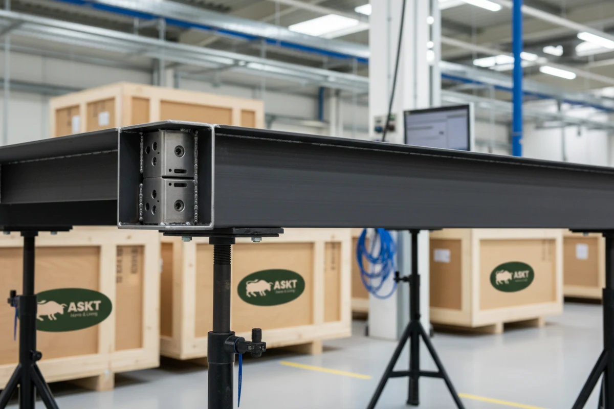 Robotic welding on a B2B dining table metal underframe for structural stability.