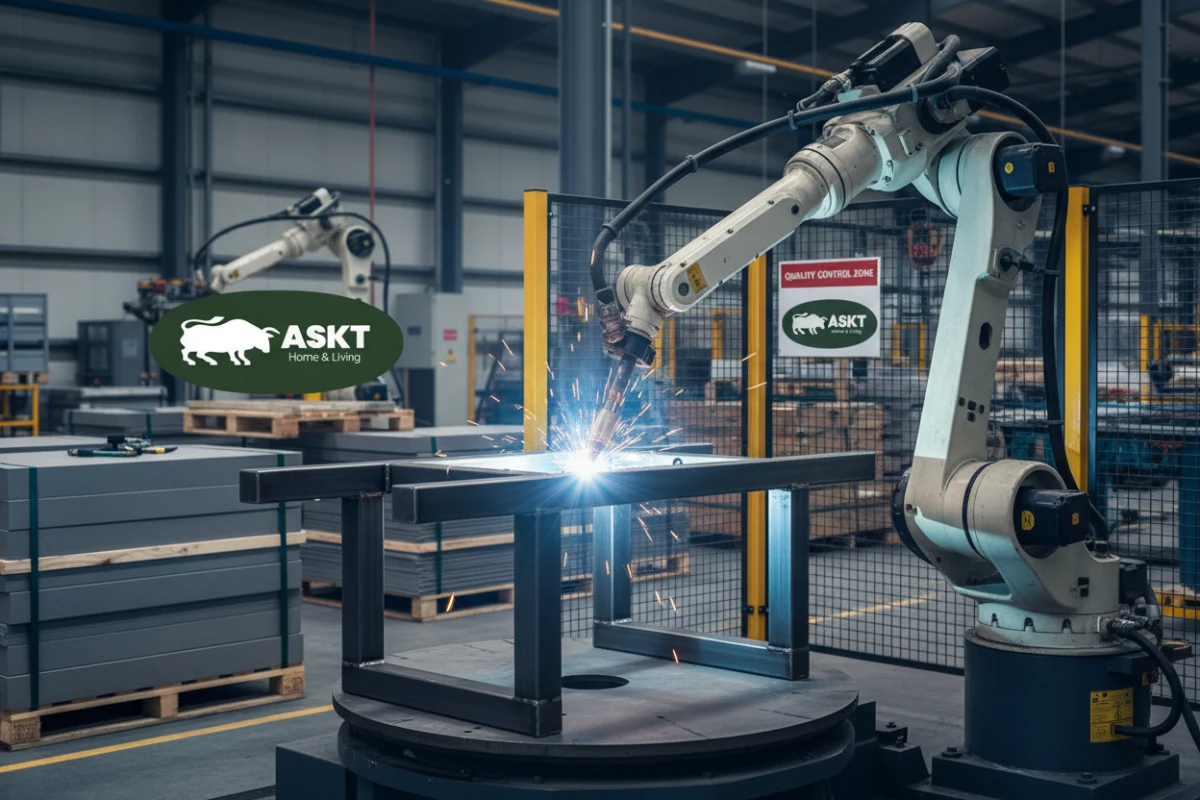 Automated robotic welding arm fabricating a steel dining table frame