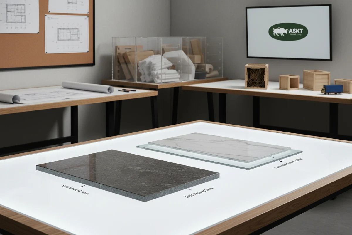 Technical diagram comparing solid 12mm sintered stone with ceramic-to-glass lamination.