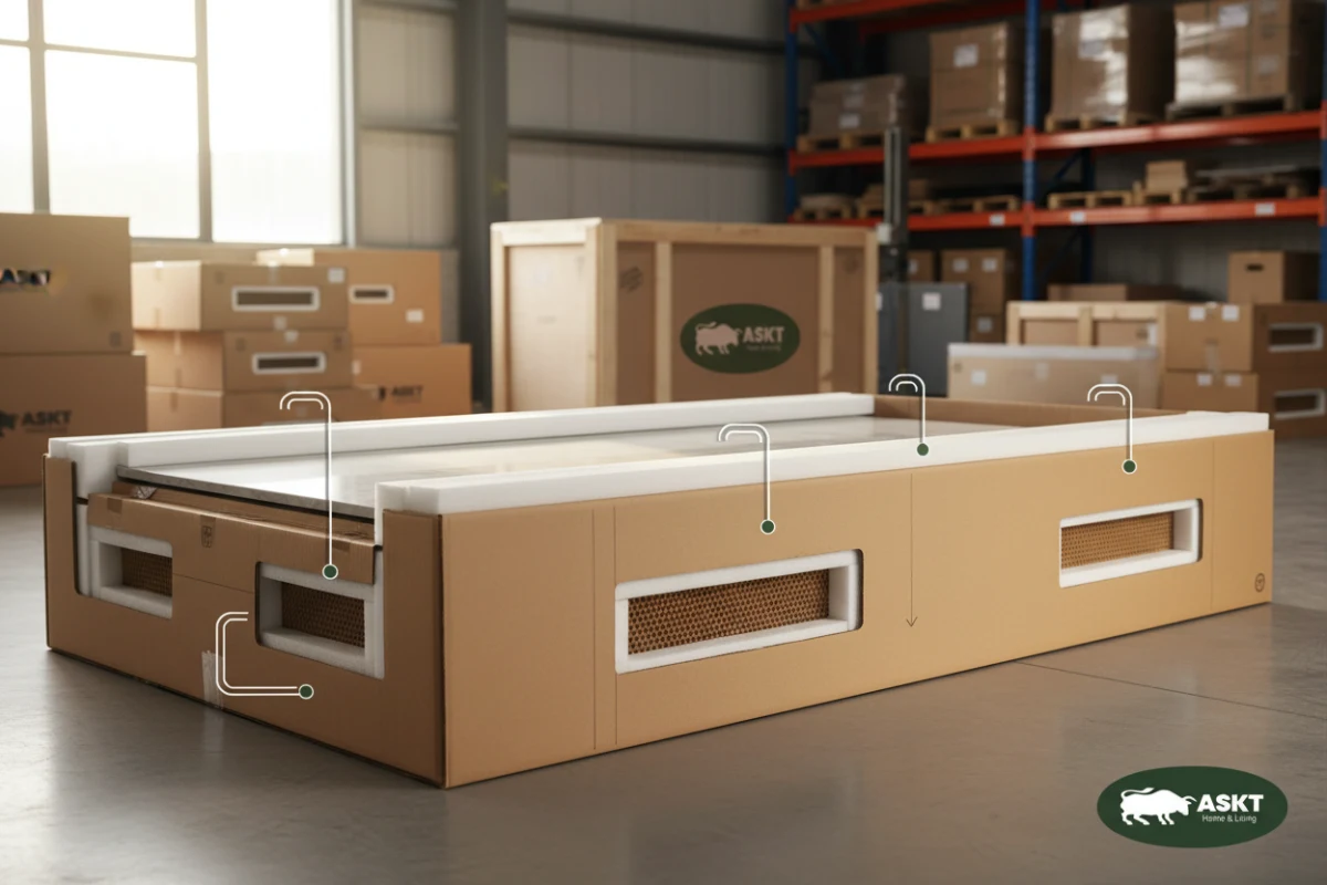 Flat-packed dining table box detailing high-density EPE foam and honeycomb paper packaging protection.
