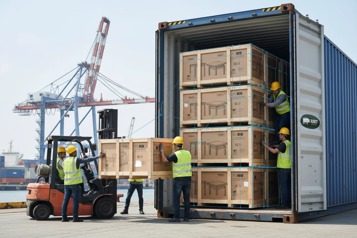 High-density container loading of flat-packed KD ceramic dining tables.