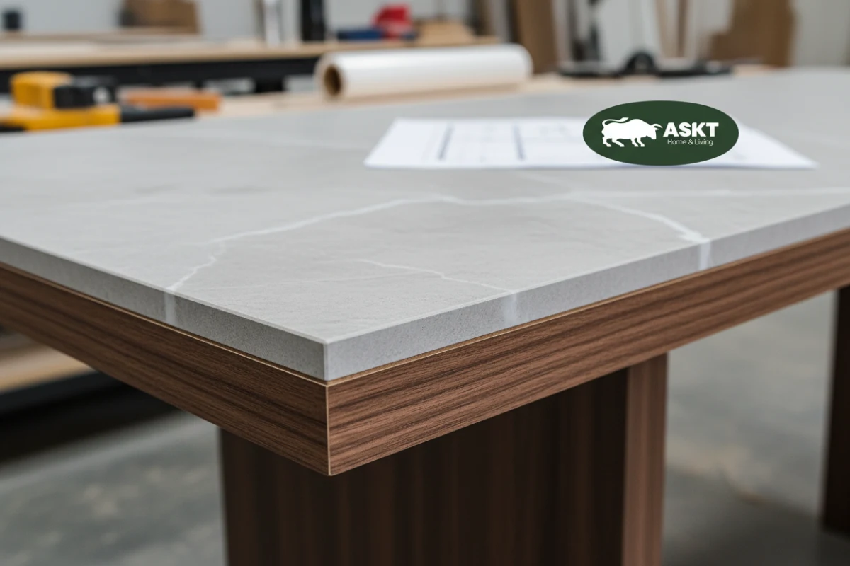 A cross-section of a sintered stone table top with a backing board layer