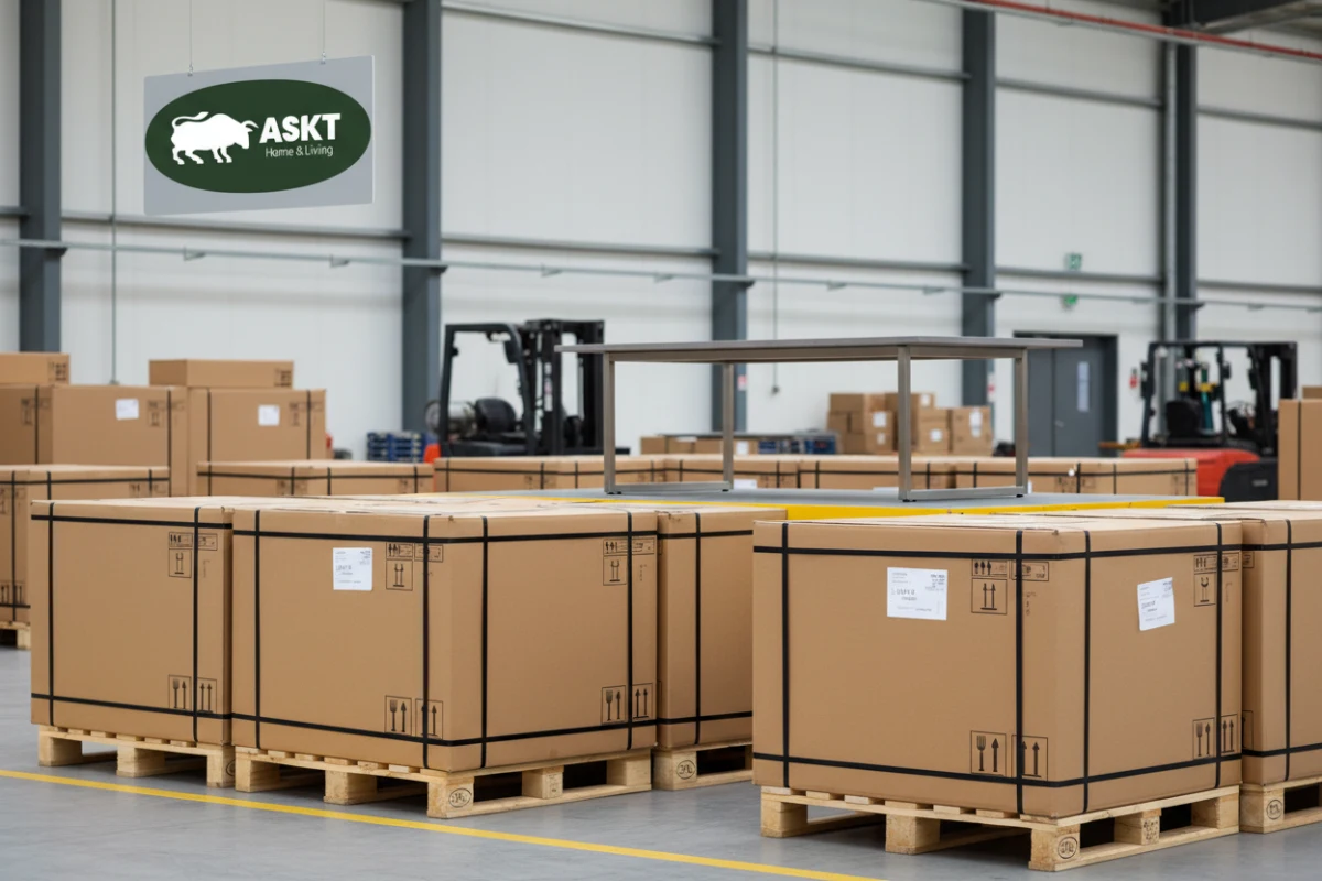 Knock-down KD structured furniture packaged flat on pallets in a warehouse