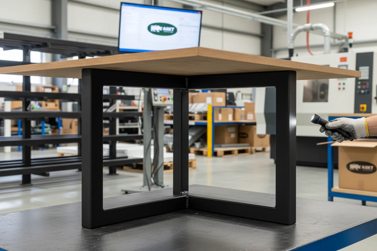 Powder coated metal frame inspection by ceramic dining table manufacturer