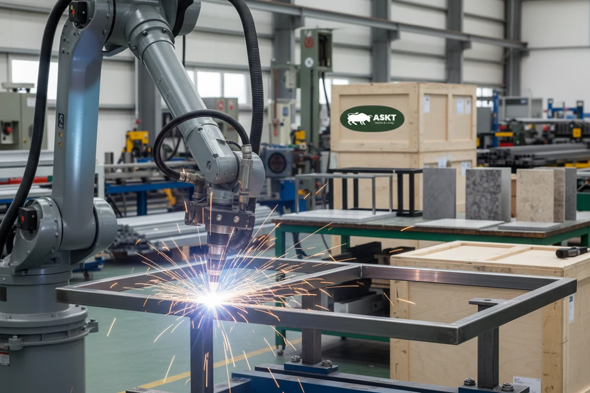 Robotic arm welding a steel dining table base in a Chinese factory