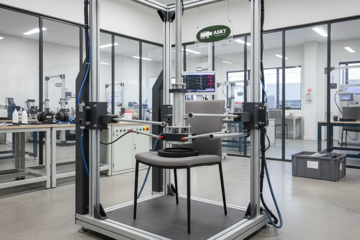 A commercial dining chair undergoing mechanical strength testing in an accredited laboratory.