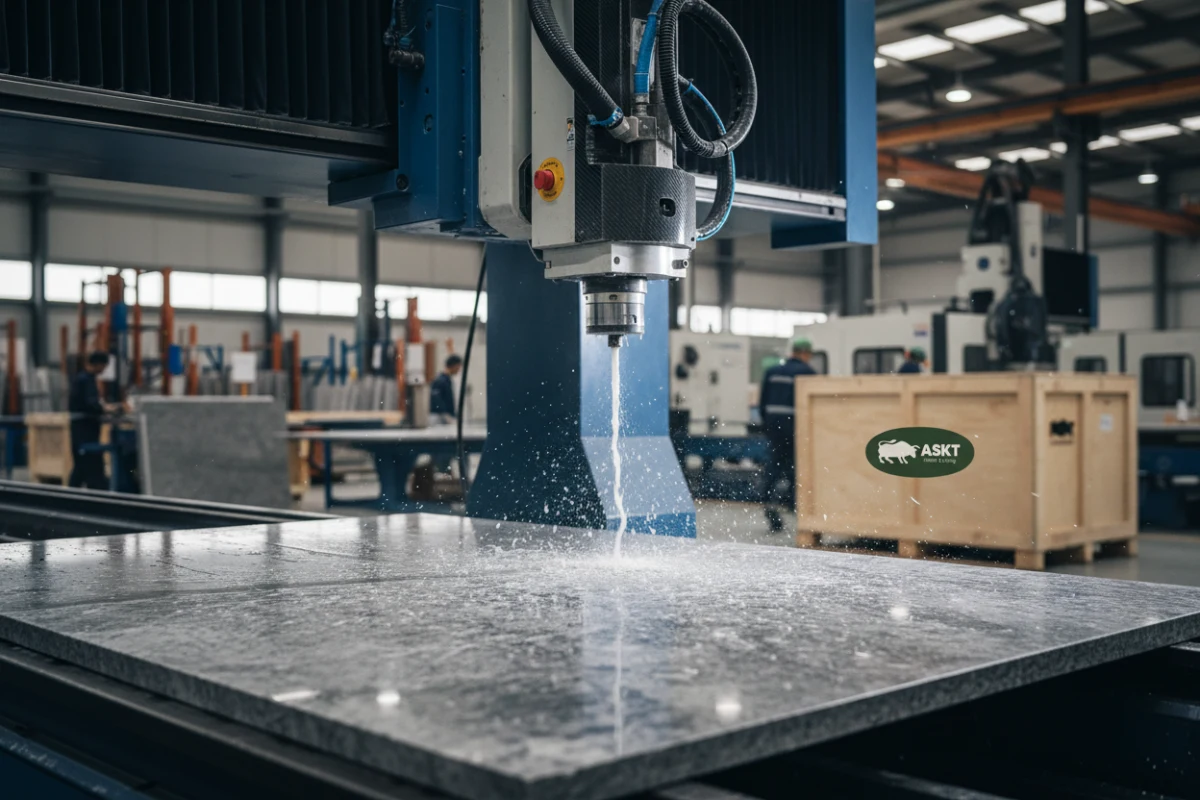 Advanced processing of sintered stone slab at a professional dining table manufacturing facility.