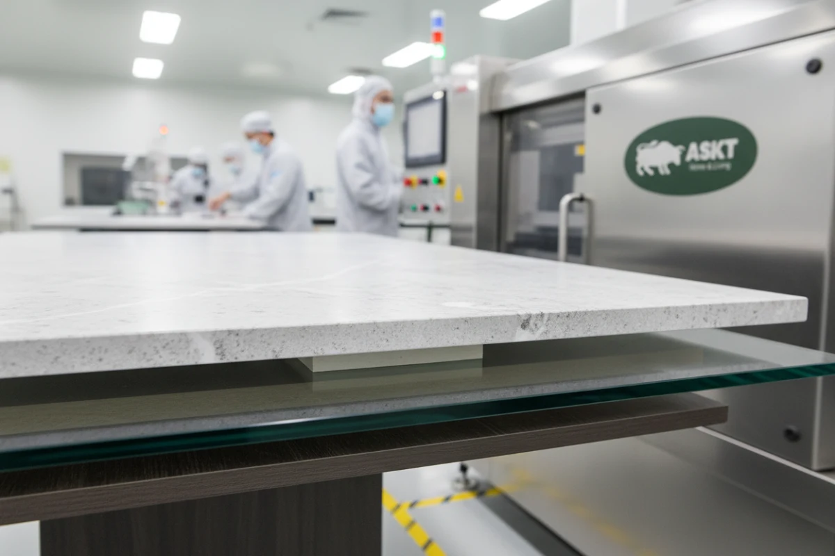 Cross-section showing the lamination of a thin sintered stone slab on a tempered glass backing for weight reduction.