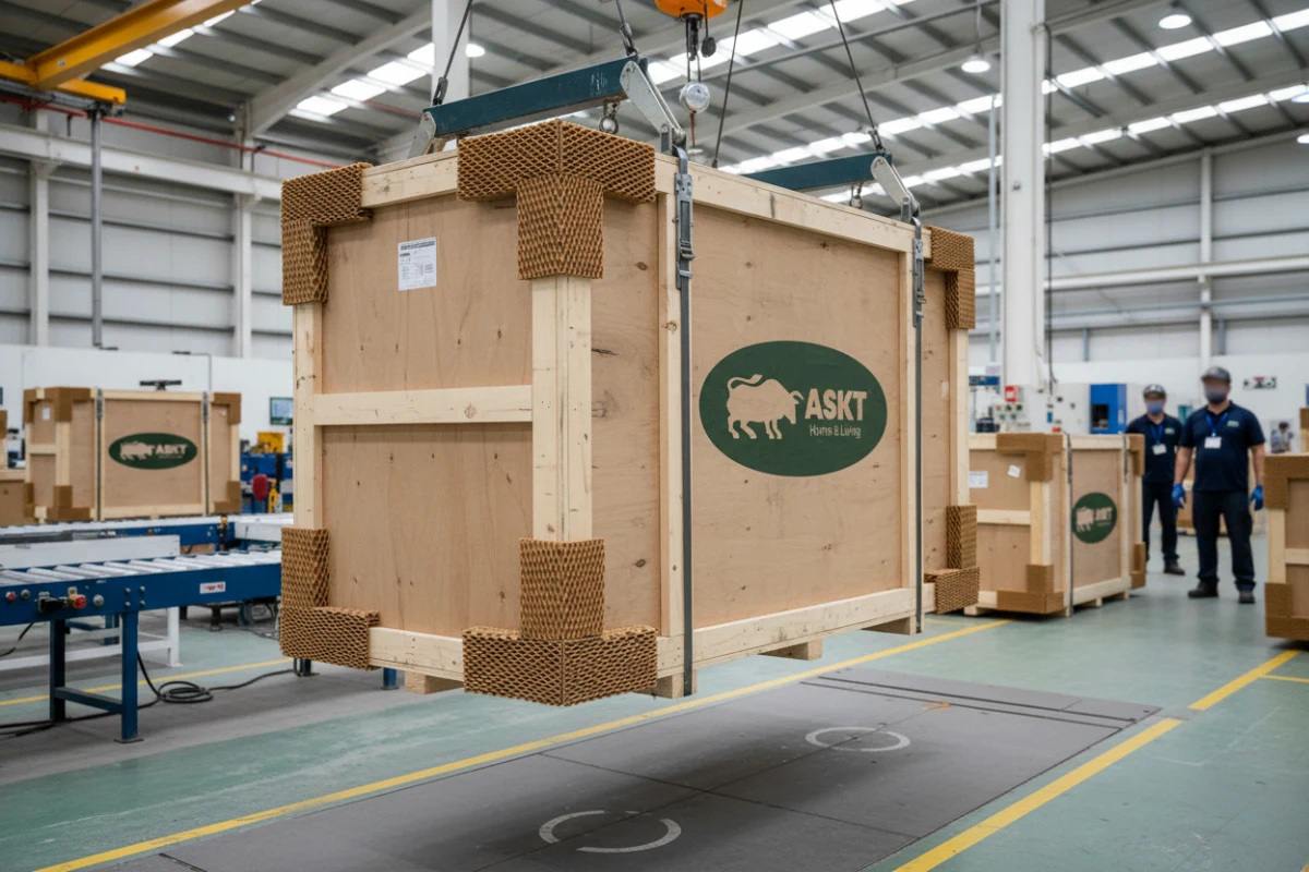 Standardized drop testing of cardboard packaging with honeycomb paper corner protectors for sintered stone dining tables.
