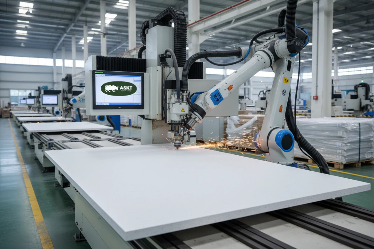 Computerized machining center cutting a premium sintered stone table top in a Chinese furniture factory.