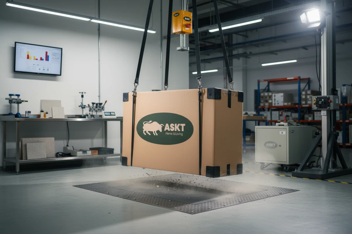 Professional furniture packaging drop testing setup with honeycomb paperboard protectors in a certified factory.