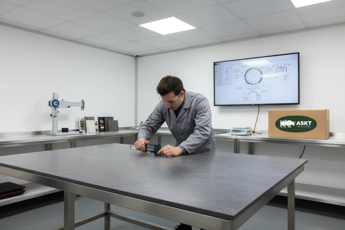 Quality control inspector measuring the lamination layer thickness of a ceramic dining table top.