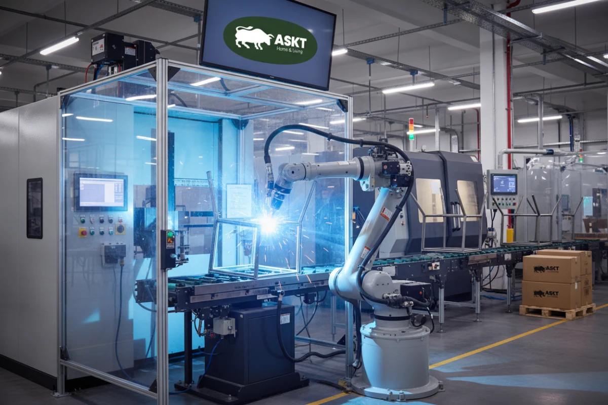 A robotic welding arm assembling a metal chair frame to ensure deep weld penetration and consistency.