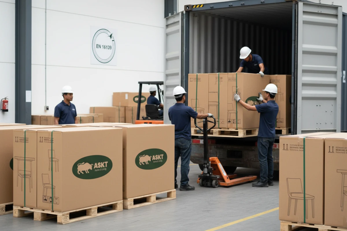 Stack of sustainably packaged flat-packed dining chairs prepared for safe export container loading.