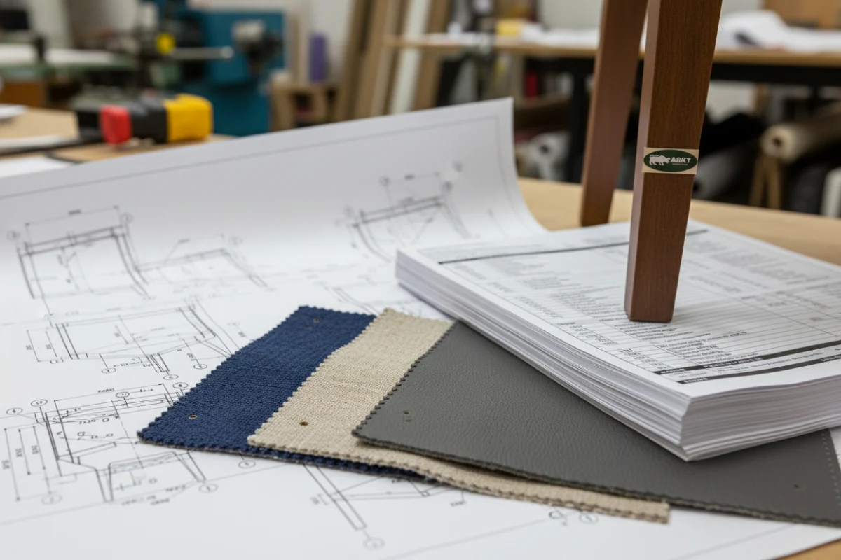 Technical CAD furniture drawings and fabric swatches used for hotel FF&E specification control