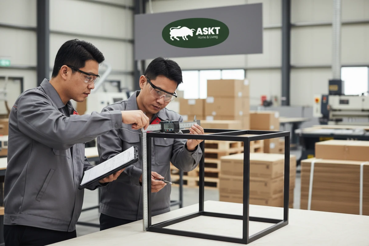 Quality control technician measuring a contract furniture metal frame against technical BOM version specifications