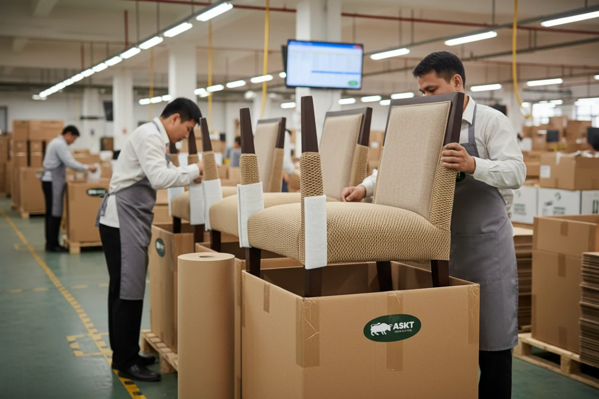 Packaging and container loading optimization of hotel dining chairs with protective honeycomb cushioning