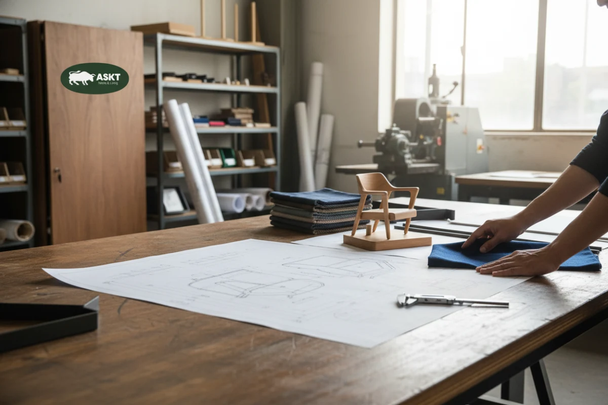 Pre-production furniture specification review showing technical CAD drawings, metal frames, and fabric swatches.